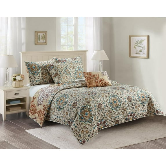 Madison Collection 5 Piece Quilt Set Beige Printed Style - Reversible Pattern Coverlet & Queen Bedspread Set - 1 Quilt, 2 Shams, 1 Decorative Pillow, 1 Lumbar Pillow (Full/Queen, Beige)