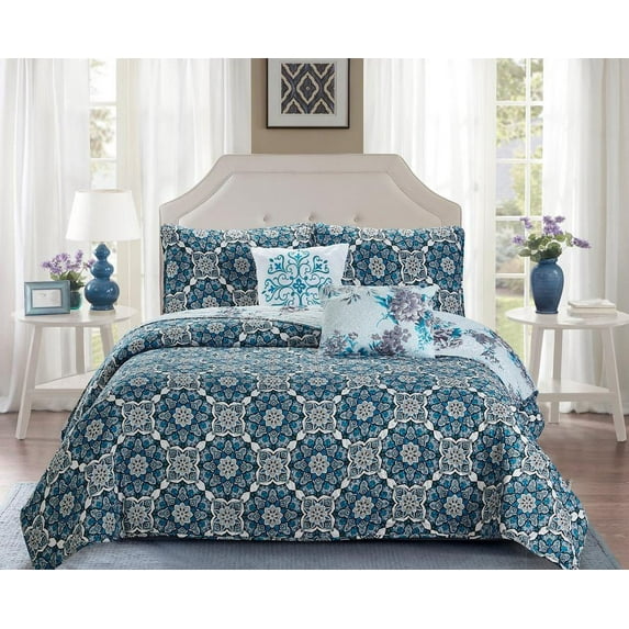 Madison Collection 5 Piece Quilt Set Turquoise Printed Style - Reversible Pattern Coverlet & King Bedspread Set - 1 Quilt, 2 Shams, 1 Decorative Pillow, 1 Lumbar Pillow (King/CalKing, Turquoise)