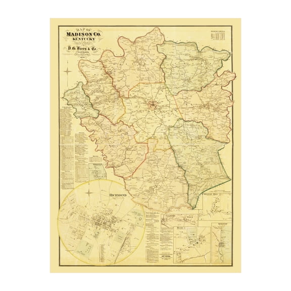 Madison County Kentucky Art, 1876 Vintage Map of Madison County KY History Wall Decor Gift, Old Madison County KY Map - 18" x 24" Unframed Print