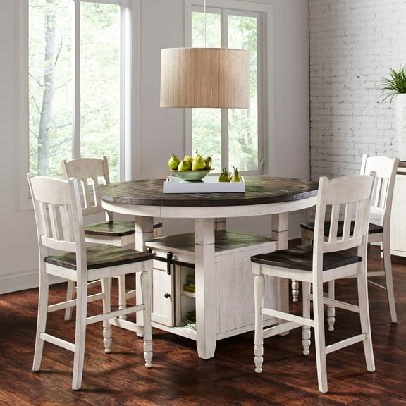 Madison County Rustic Farmhouse Five Piece Reclaimed Solid Wood Counter Height Round Dining Set with Slatback Barstools