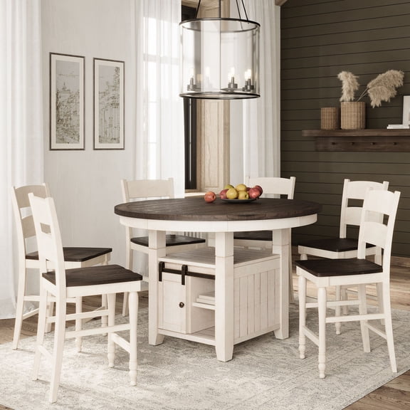 Madison County Rustic Farmhouse Seven Piece Reclaimed Solid Wood Counter Height Round Dining Set with Ladderback Barstools