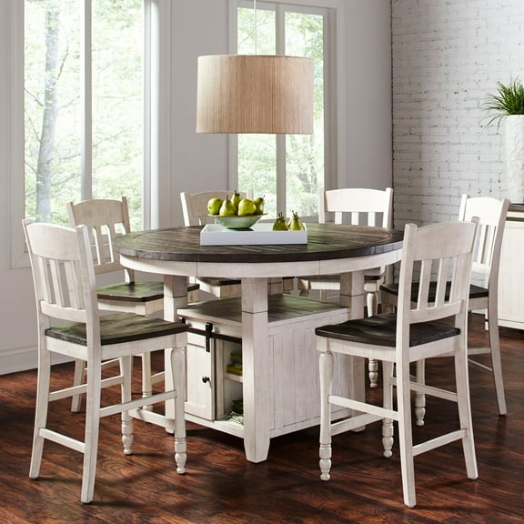Madison County Rustic Farmhouse Seven Piece Reclaimed Solid Wood Counter Height Round Dining Set with Slatback Barstools