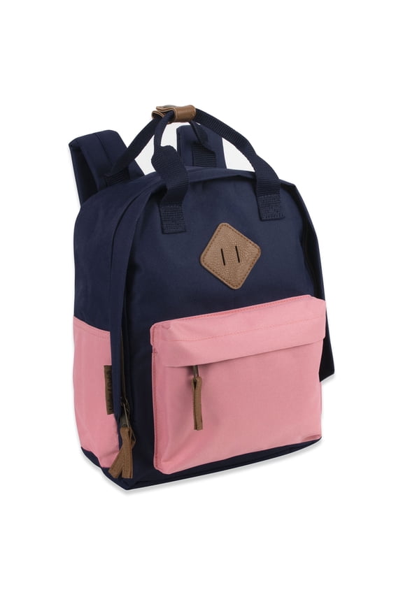 13.5”L Mini Canvas Backpack for Everyday, School, Recreation, Commuting and Travel in Navy Blue and Pink