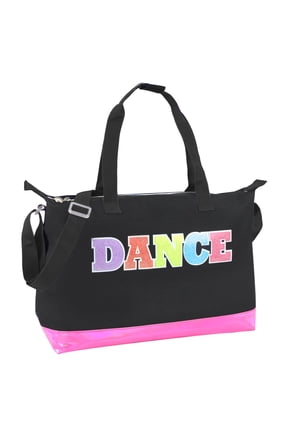 Dance Duffle Bag for Ballet, Dance, Dancewear, Clothing, Dresses, Skirts, Tutus, Tights, Stockings, Shoes and Accessories in Black with Glitter and Tote Handles