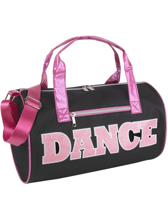 Girls Dance Duffle Bag for Ballet, Dance, Dancewear, Clothing, Dresses, Skirts, Tutus, Tights, Stockings, Shoes and Accessories in Black and Pink with Glitter Straps