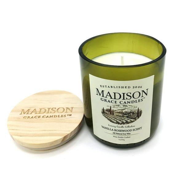 Madison Grace Wine Bottle Novelty Candle, 7 oz Scented Soy Candle with Vanilla Essential Oil, Made From Real Recycled Wine Bottles. Aromatherapy Candle. Great Housewarming Gifts and Dinner Party Gifts