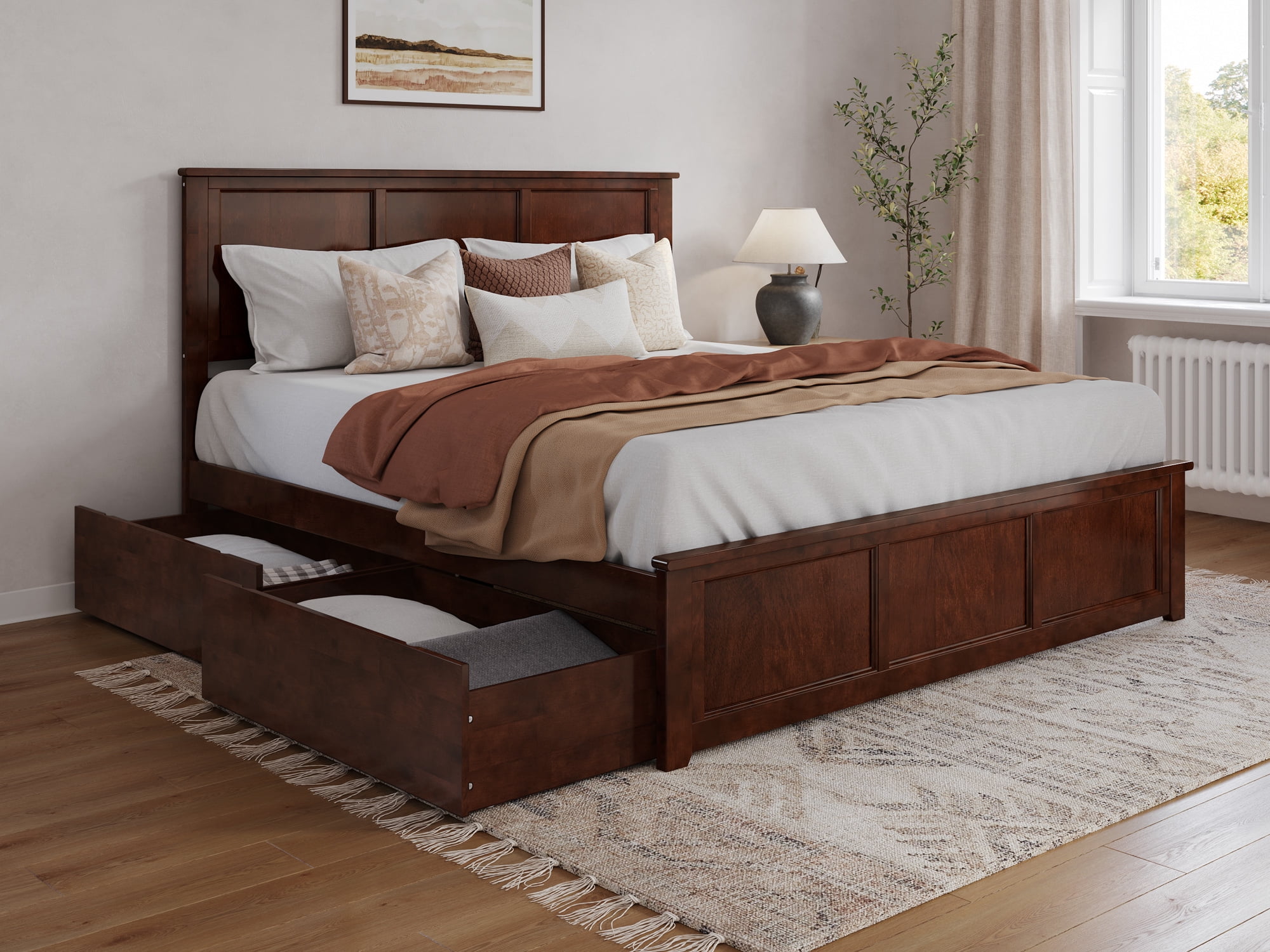 Walnut King Wood Platform Bed with Storage Drawers and Headboard
