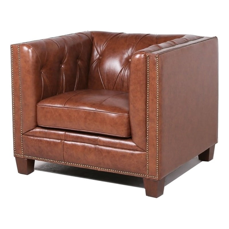 Madison Leather Chesterfield Accent Chair in Camel Brown