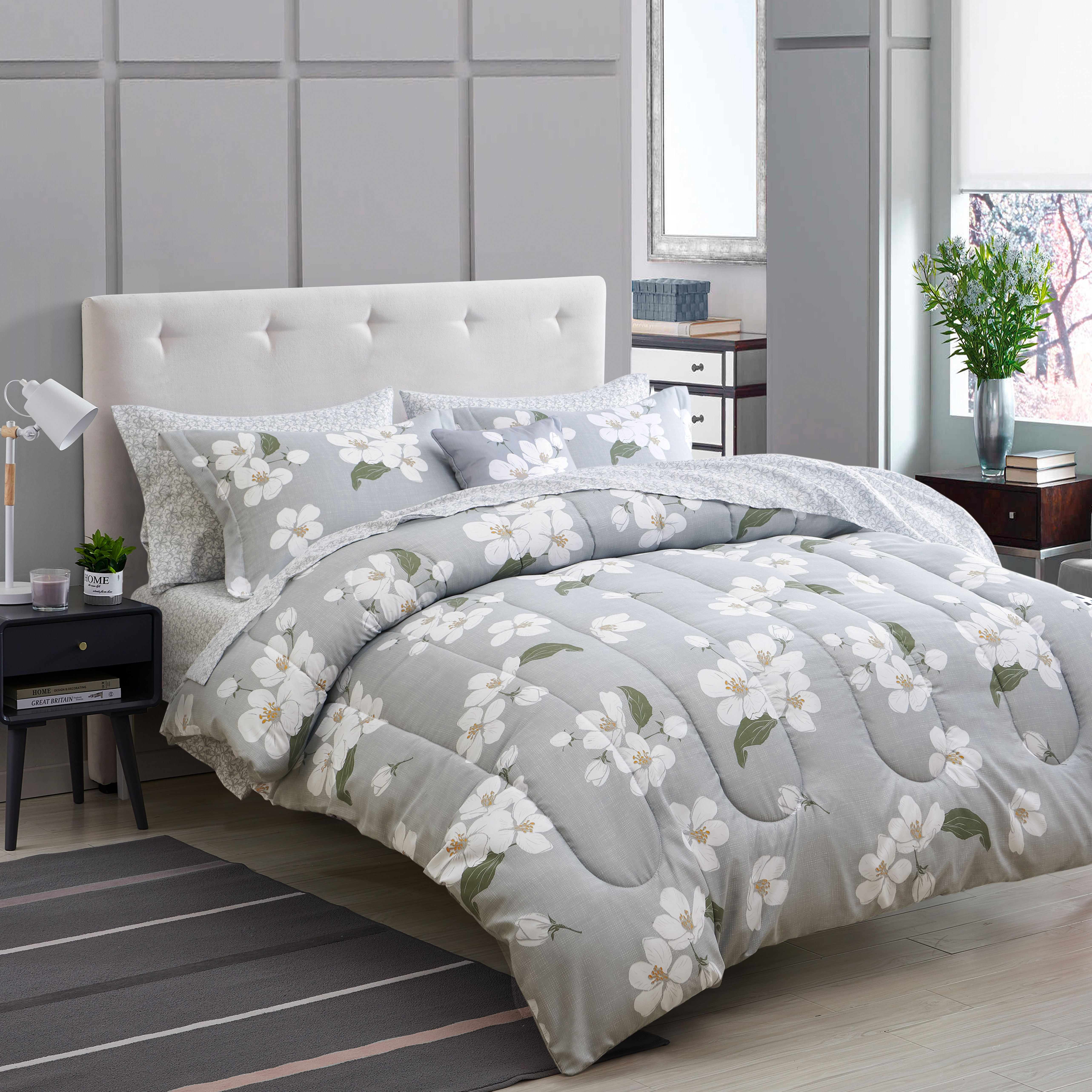 Madison Luxe 8-Piece Comforter Set: 1 Comforter, 4-Piece Sheet Set, 2 Shams, 1 Decorative Pillow - Lilly Chambray Floral Gry