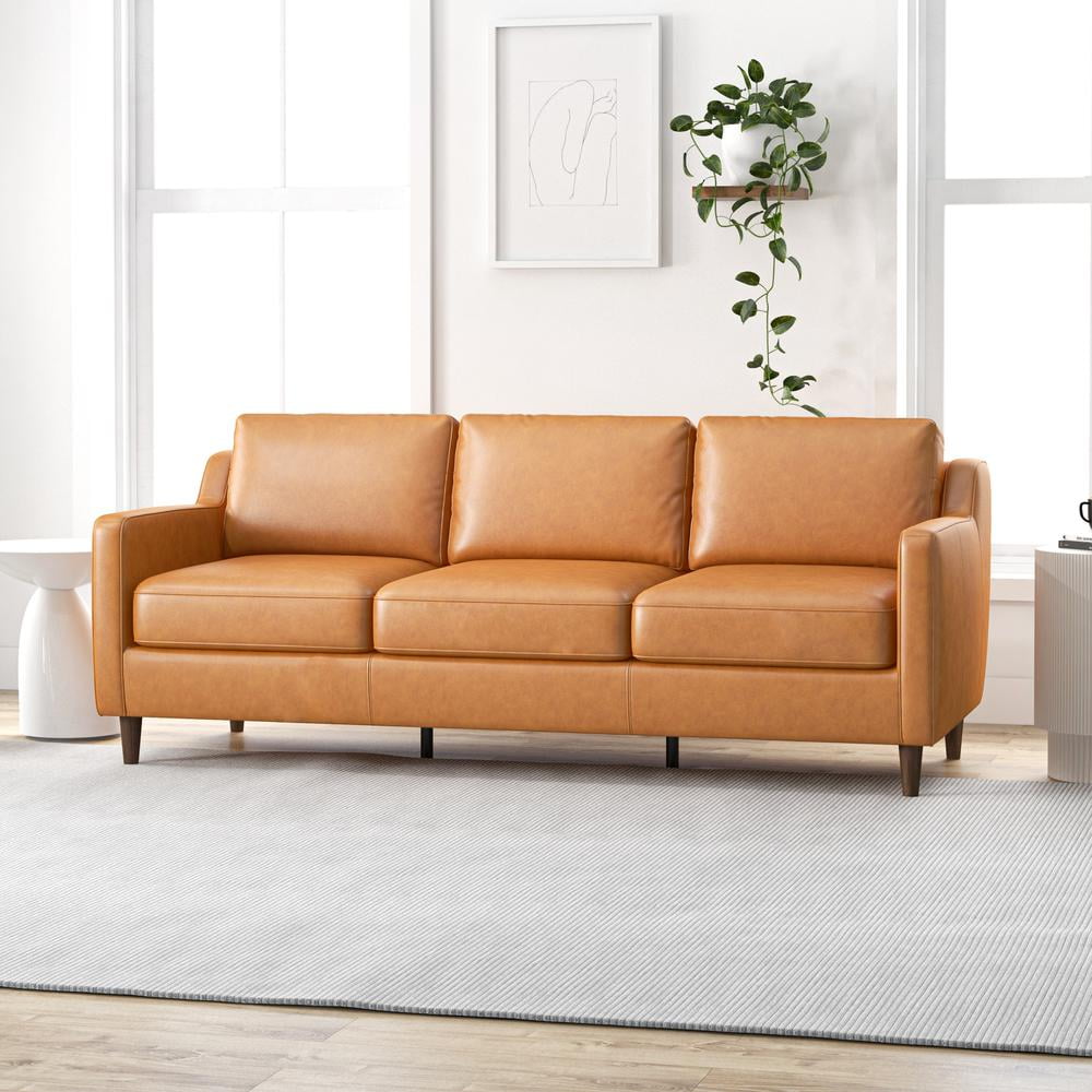 Cognac Tan Genuine Leather Mid-Century Modern Sofa