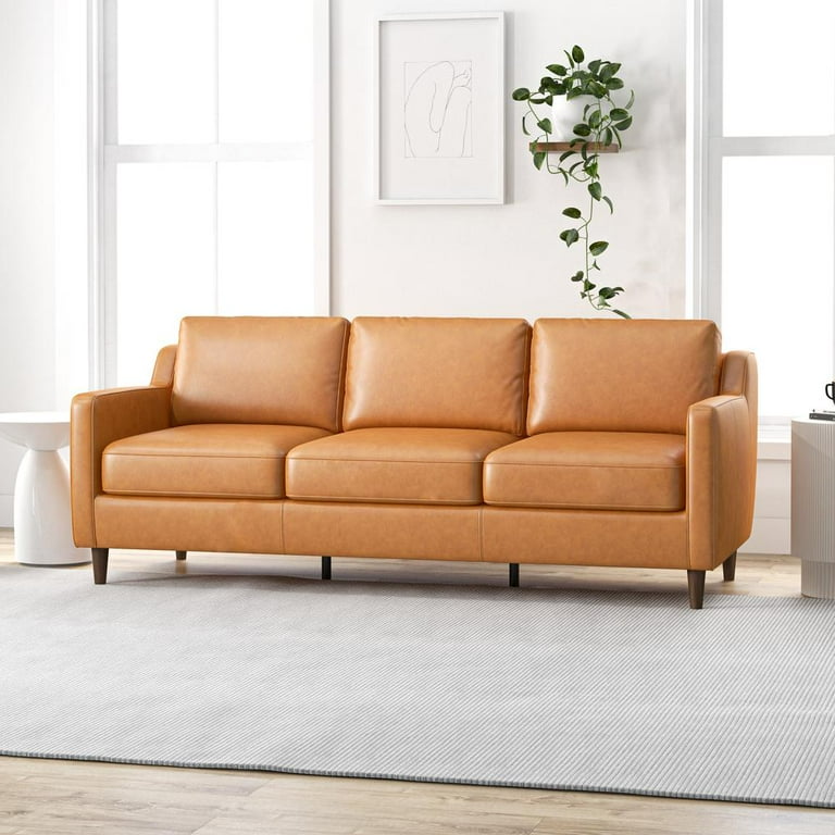 Madison Mid Century Modern Furniture Genuine Leather Couches in Cognac Tan
