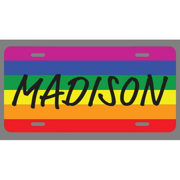 Madison Name Pride Flag Style License Plate Tag Vanity Novelty Metal | UV Printed Metal | 6-Inches By 12-Inches | Car Truck RV Trailer Wall Shop Man Cave | NP2107