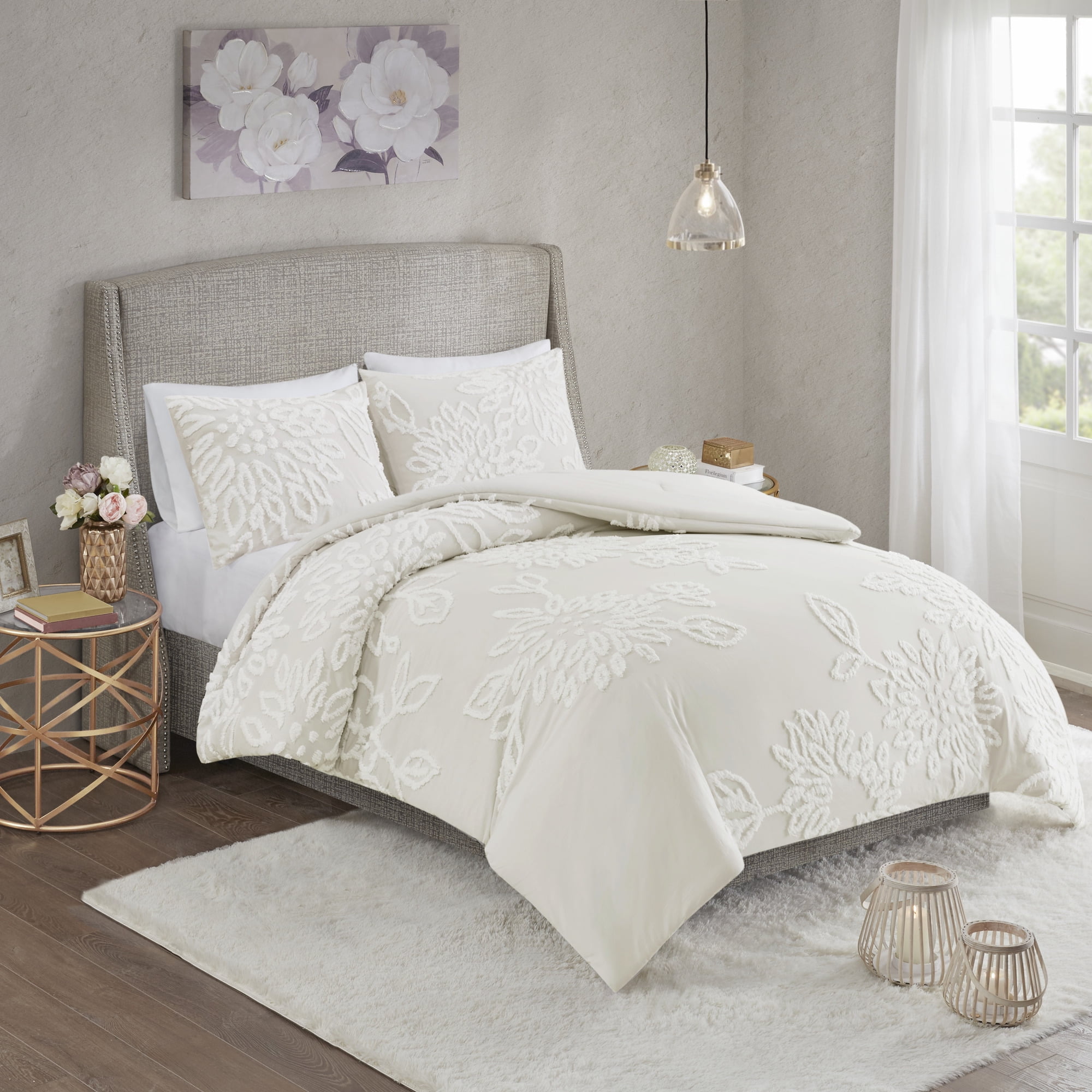 King White Cotton Tufted Chenille Comforter Set