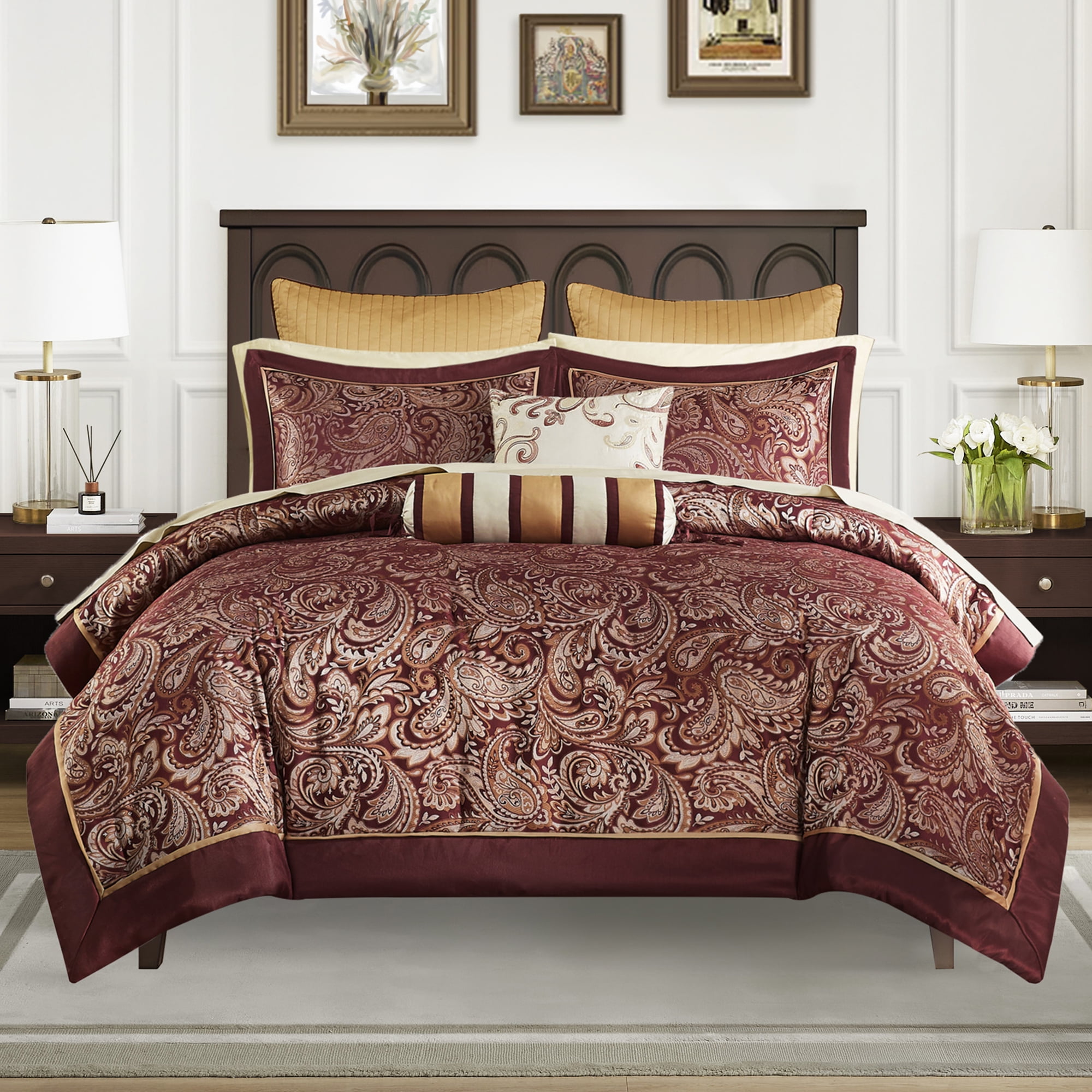 Madison Park Aubrey 12 Piece Queen Comforter Set Red Paisley Jacquard Cotton Sheet Set Bed In