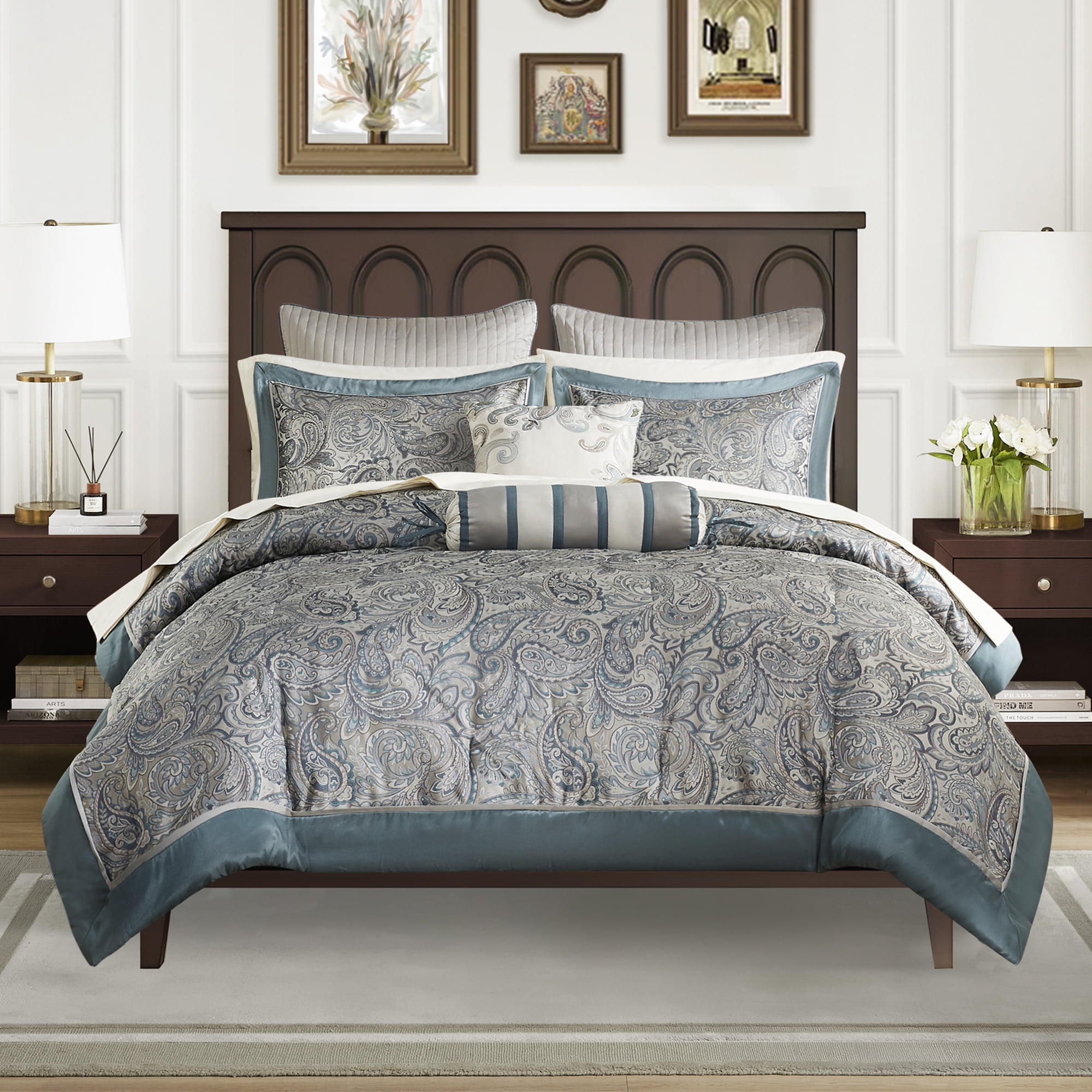 Teal Paisley Jacquard Queen Cotton Bed in a Bag Set