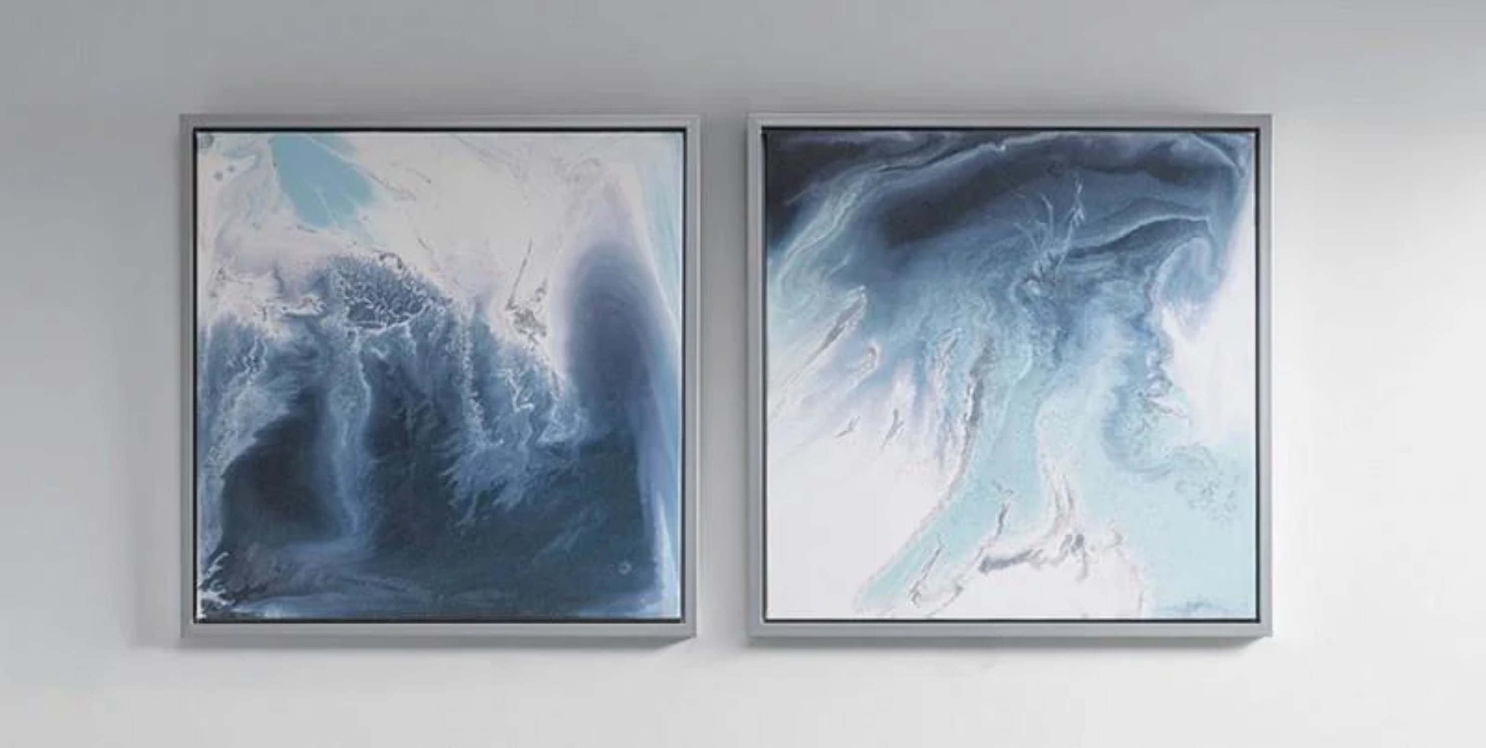 Blue Lagoon Abstract Gel Coat Canvas Wall Art Set with Silver Frame
