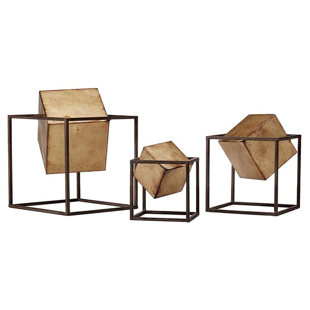 Gold and Black Metal Geometric Cube Decor Set, 3-Piece