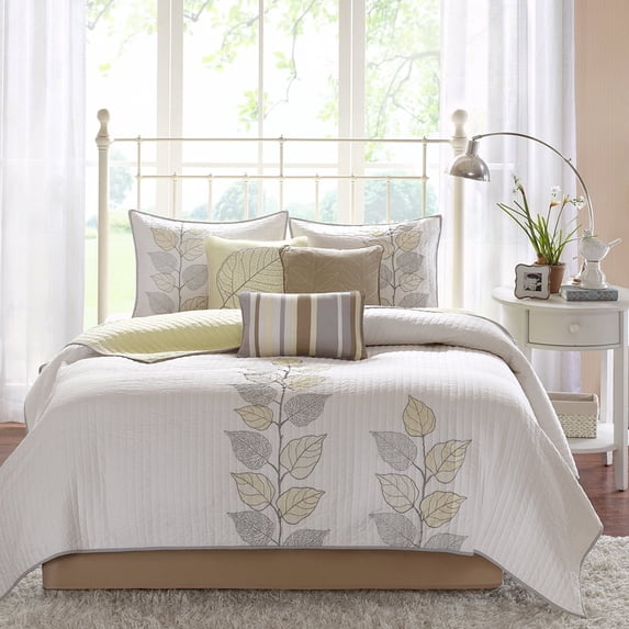 Madison Park 6-Piece Full/Queen Botanical Embroidered Reversible Bed in a Bag Quilt Set Yellow