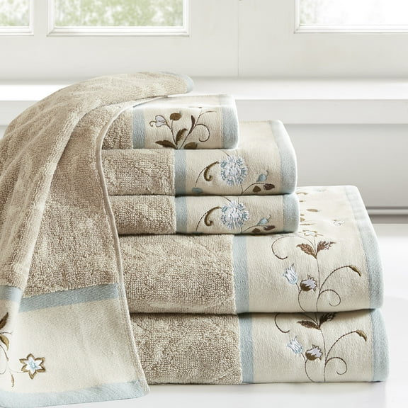 Madison Park 6-Piece Traditional Cotton Embroidered Jacquard Towel Set in Beige