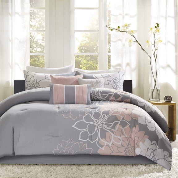 Madison Park 7-Piece Modern Floral Comforter Set with Decorative Pillows, Luxury Soft Bedding, Twin/Twin XL, Grey/Peach-new