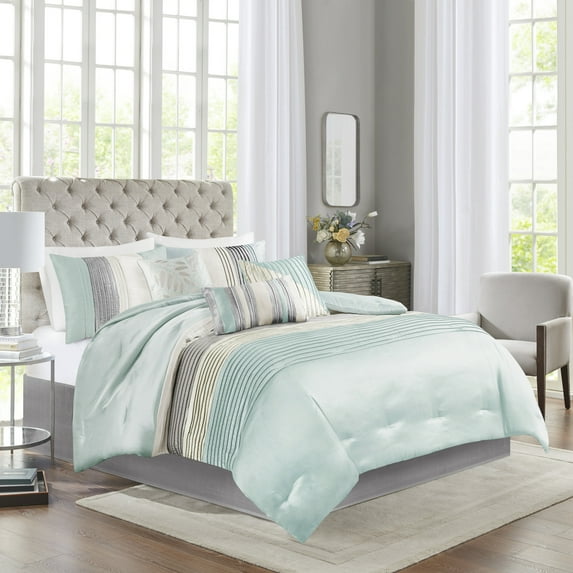 Madison Park 7-Piece Pintuck Bed in a Bag Comforter Set, Queen, Aqua, Amherst All Season Bedding Set