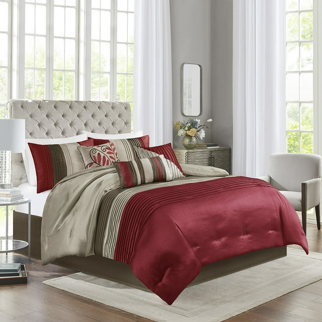 Madison Park 7-Piece Pintuck Bed in a Bag Comforter Set, Queen, Red, Amherst All Season Bedding Set