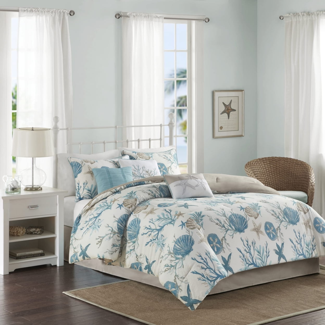 King Blue Cotton Coastal Comforter Set with Decorative Pillows