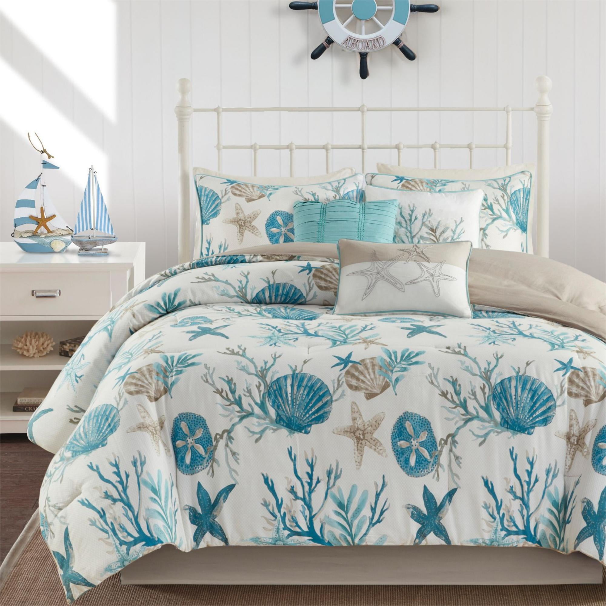 King Blue Cotton Coastal Comforter Set with Decorative Pillows