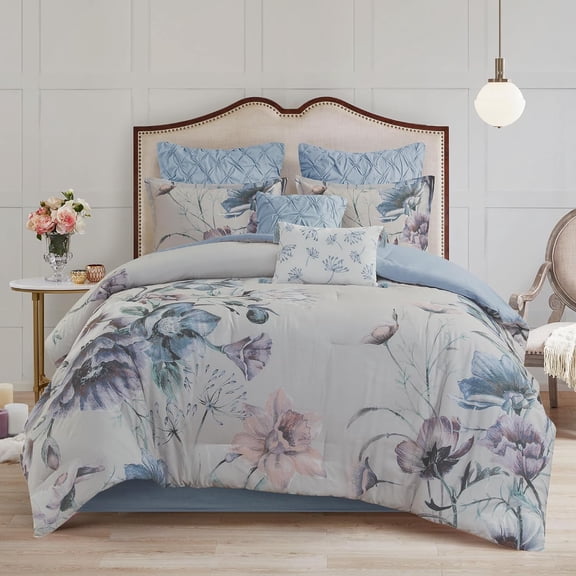 Madison Park Cal King Size 8 Piece Cotton Printed Comforter Set Blue,Bed in a Bag,All Season Bed Set,Cozy and Lightweight