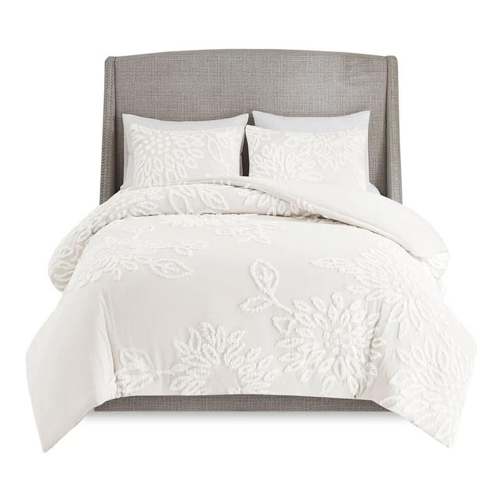Off-White Cotton Chenille Floral Full/Queen Duvet Cover Set