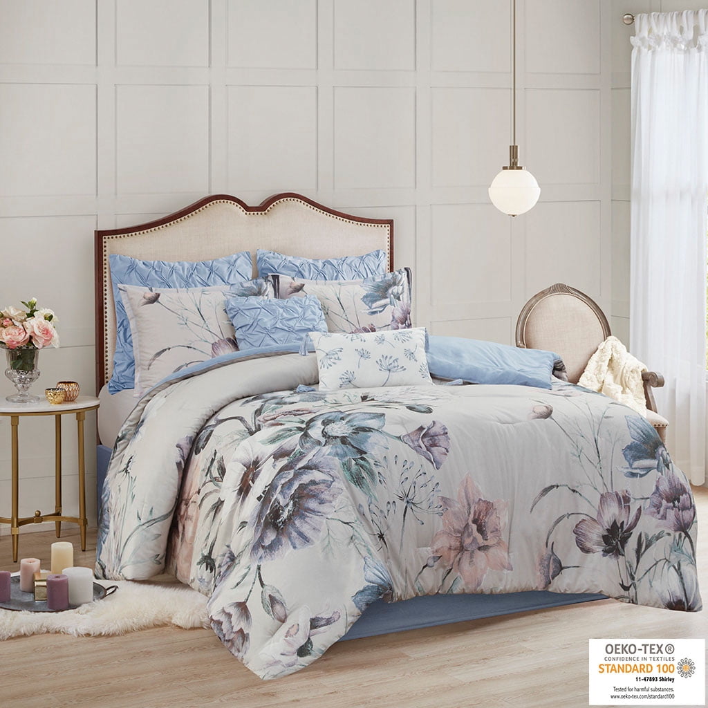 Cassandra Shabby Chic Queen Cotton Comforter Set in Soft Blue