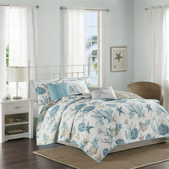 Madison Park Adult King Quilt Sets Breathable Coastal Pebble Beach 6-Piece Cotton in Blue
