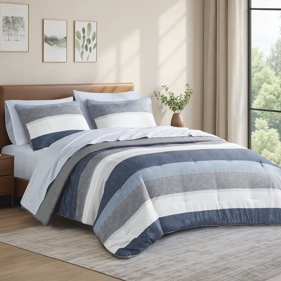 Regency Heights 7 Piece Stripe Comforter Set, Queen Size Bed in a Bag Bedding Set for Dorm Room, Comforter Bed Set with Flat Sheet and Fitted Sheet, Blue Grey