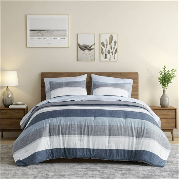 Regency Heights 7 Piece Stripe Comforter Set, California King Size Bed in a Bag Bedding Set for Dorm Room, Comforter Bed Set with Flat Sheet and Fitted Sheet, Blue Grey