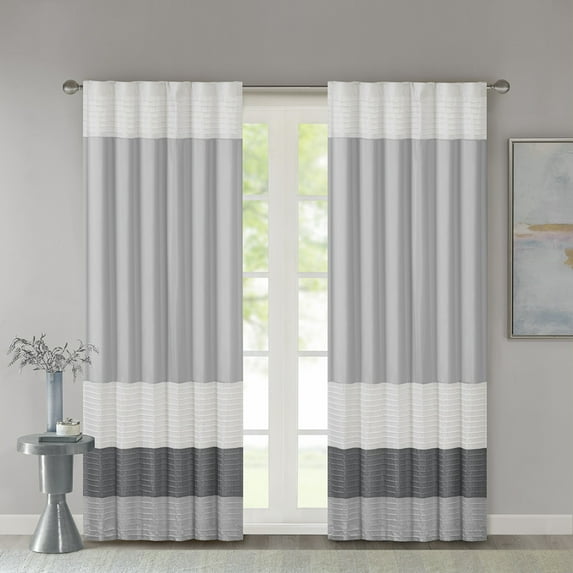 Madison Park Adult Stripe Pattern Pintuck Lined Polyester Curtain Panel, 50" x 84", Grey