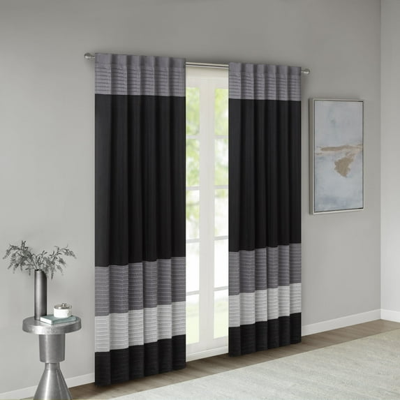 Madison Park Adult Stripes Pintuck Lined Curtain Panel, 50" x 84", Black