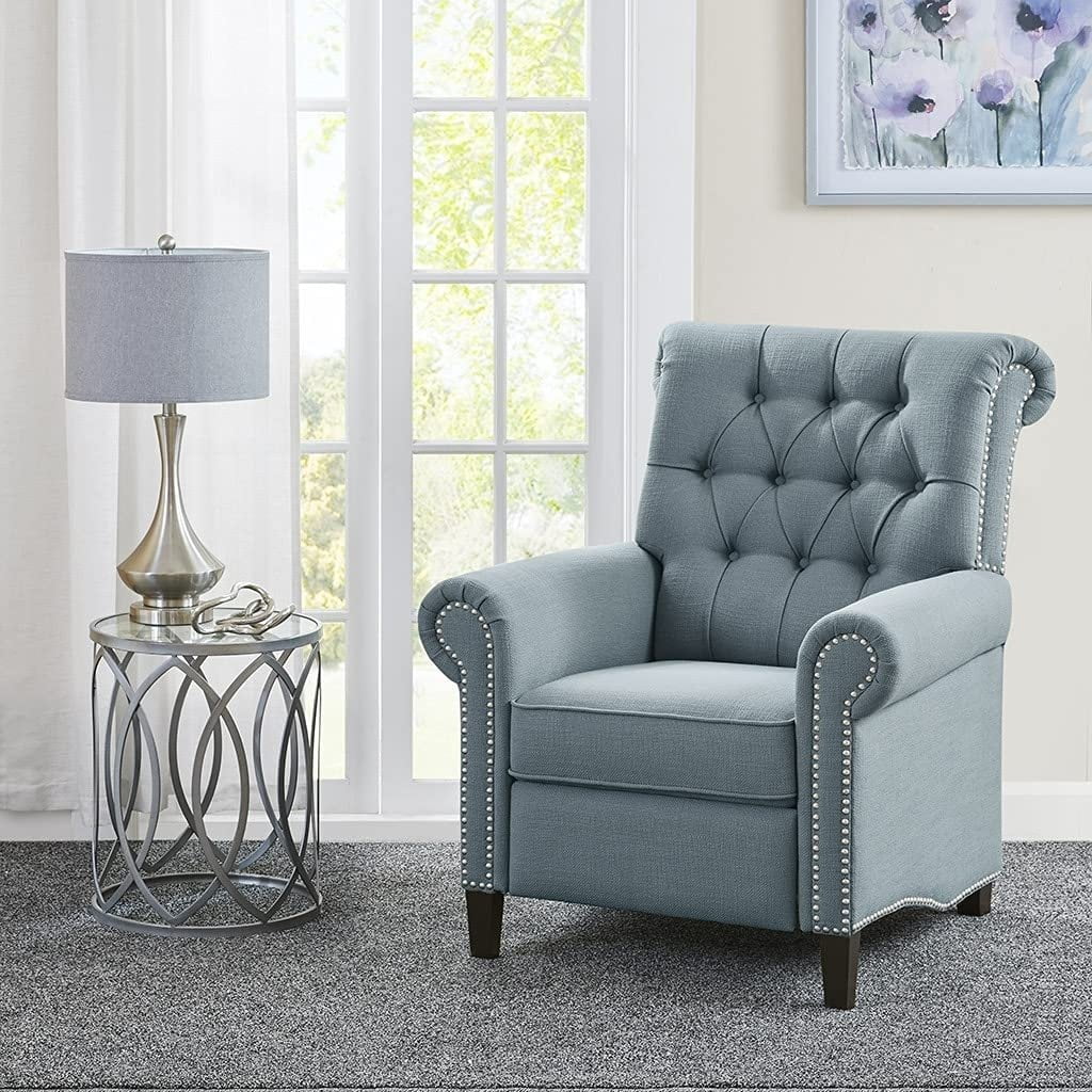 Transitional Blue Tufted Recliner with Bronze Nailhead Trim