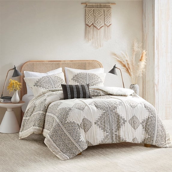 Madison Park Full/Queen Size 4 Piece Printed Comforter Set with Throw Pillow Black,Bed in a Bag,All Season Bed Set,Cozy and Lightweight