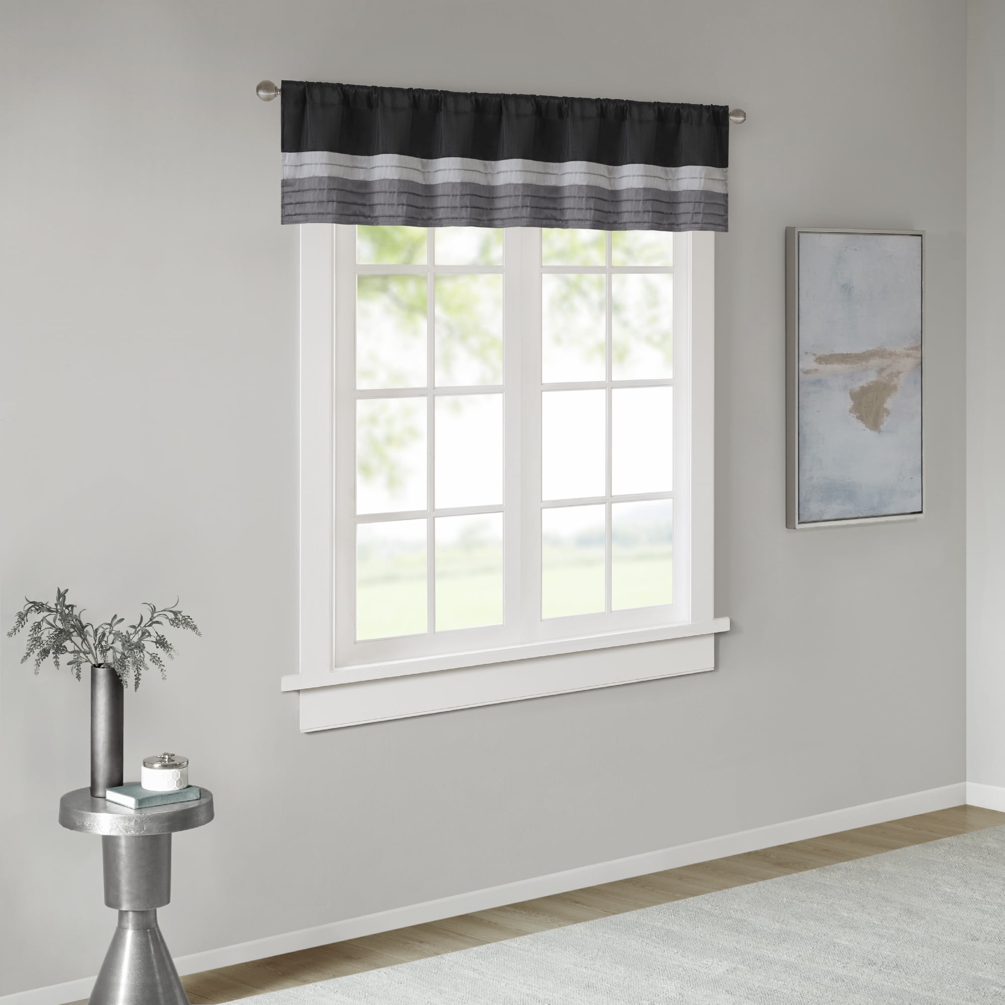 Black and Gray Pintuck Rod Pocket Window Valance