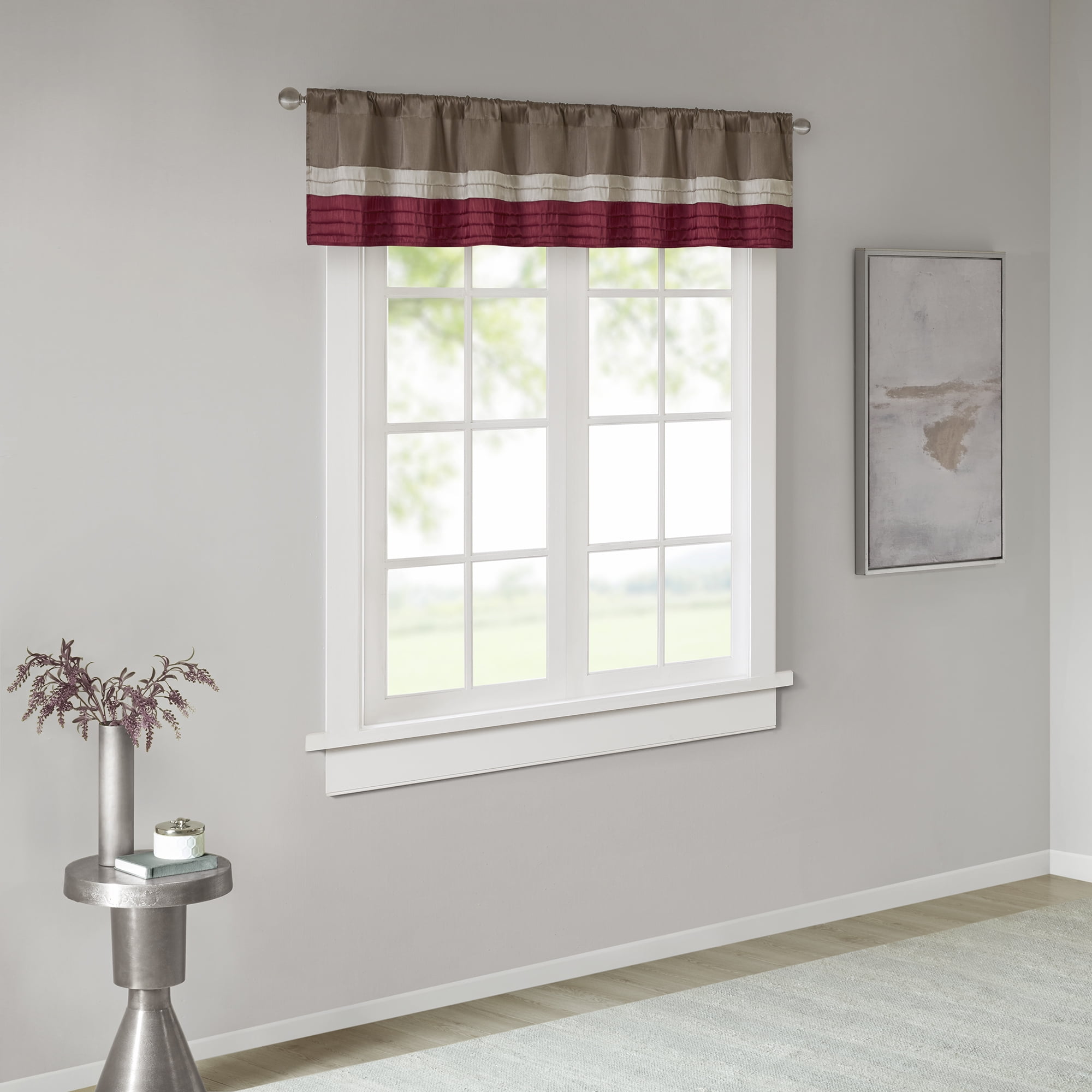 Red and Tan Polyoni Pintuck Window Valance with Rod Pocket