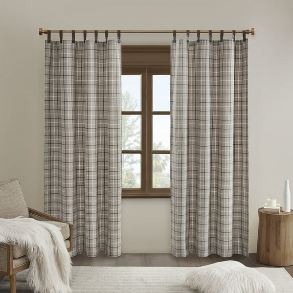 Madison Park Anaheim Plaid Faux Leather Tab Top Curtain Panel with Fleece Lining in Brown, 50"x84"