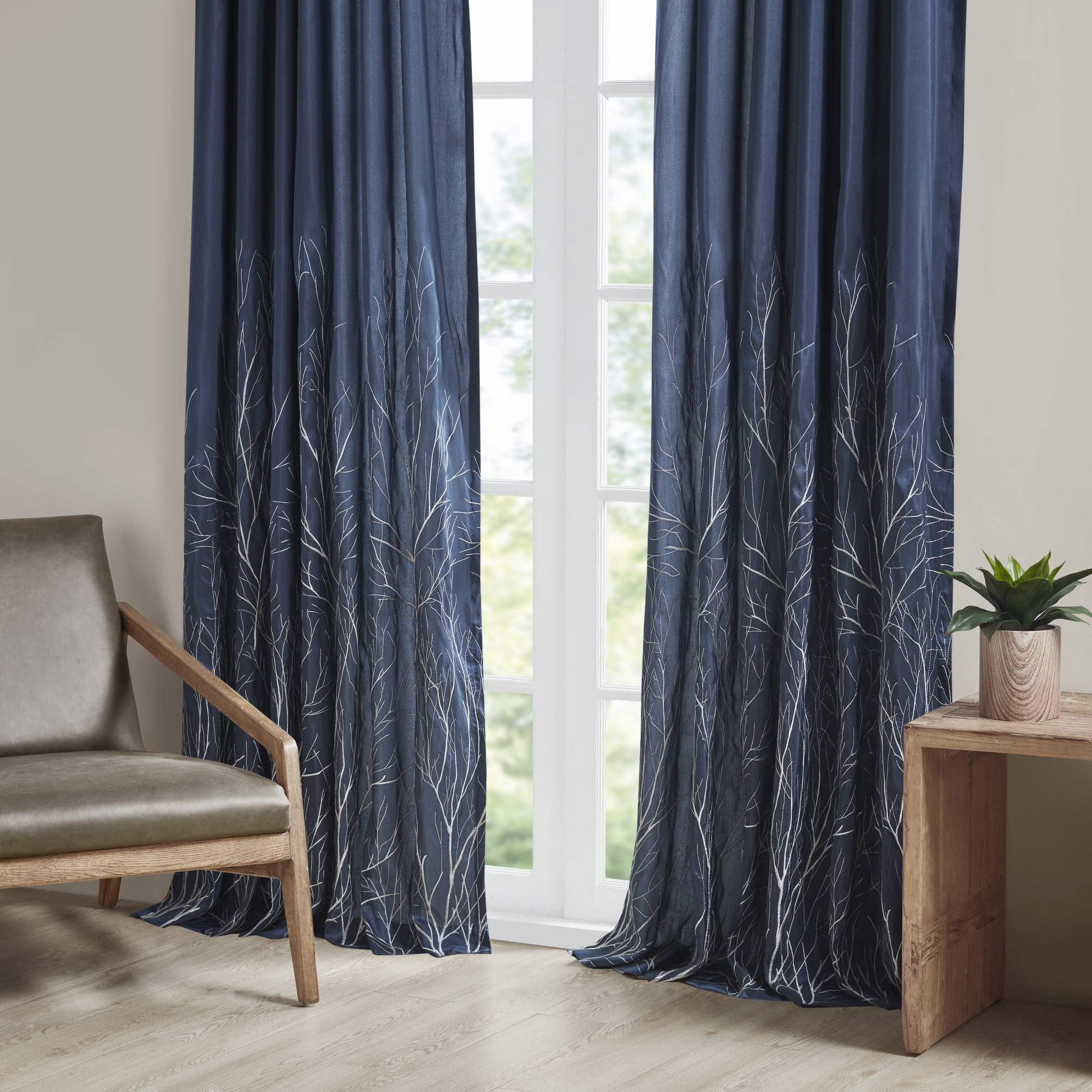 Navy Faux Silk Embroidered Branch Puddle Length Curtain Panel