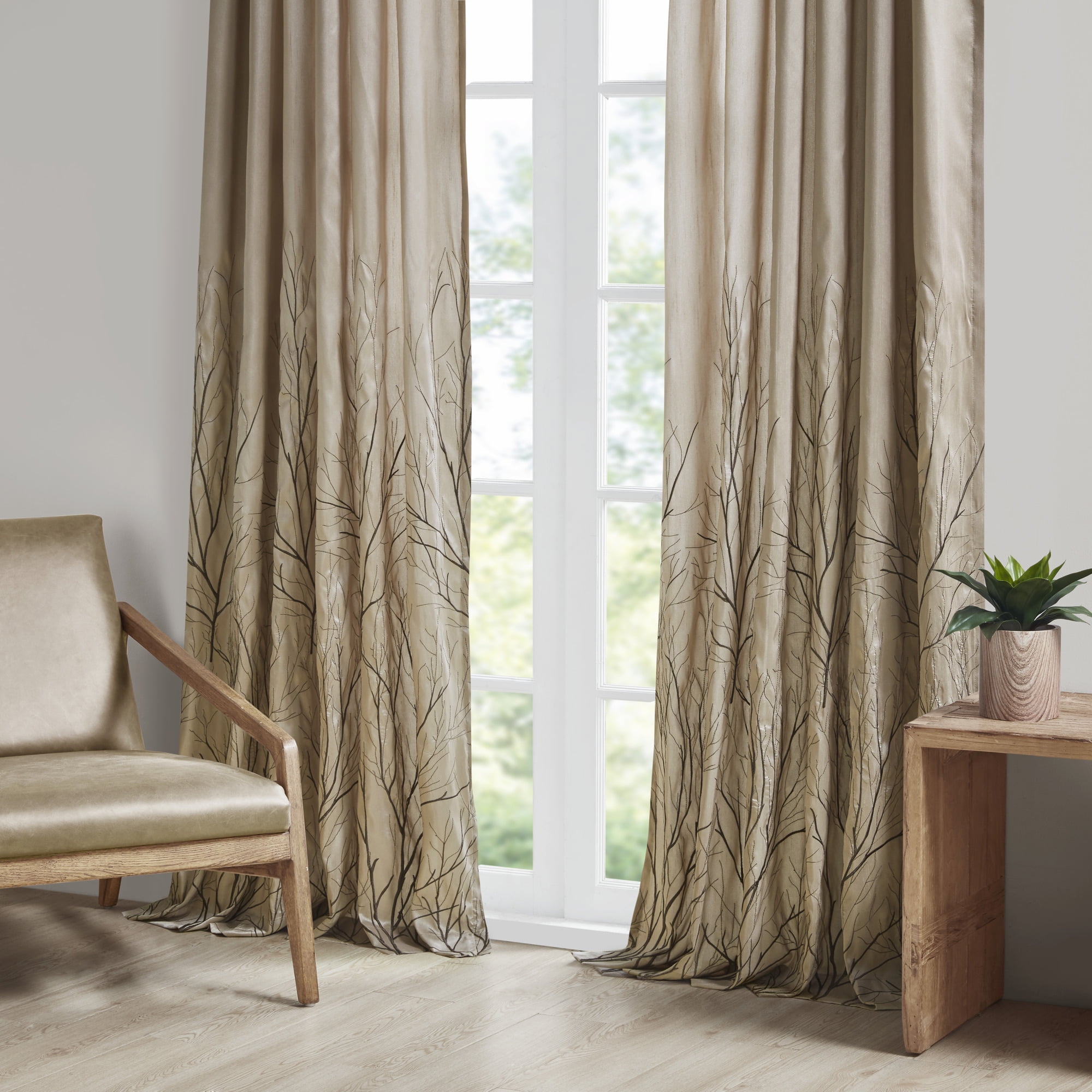 White Faux Silk Embroidered Branch Puddle Length Curtain Panel