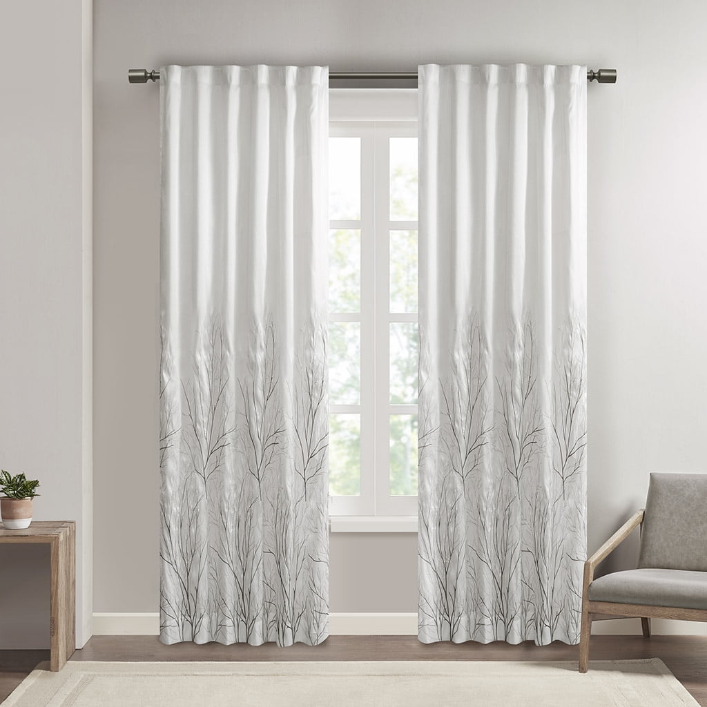White Faux Silk Embroidered Puddle Length Curtain Panel