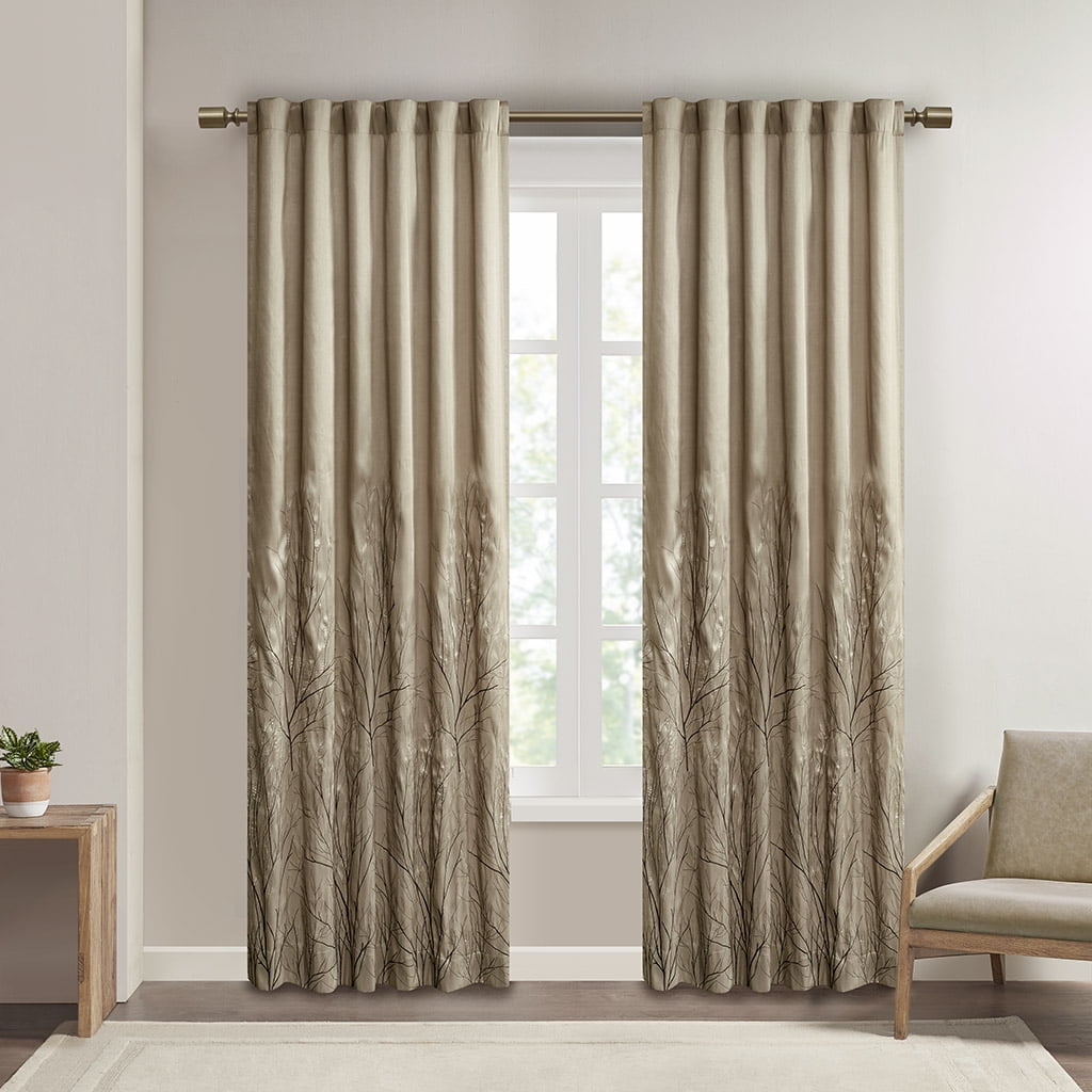 White Faux Silk Embroidered Branch Puddle Length Curtain Panel