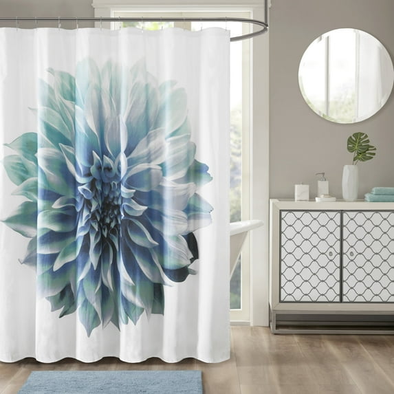 Madison Park Aqua Shower Curtains, Cotton Floral with 12 Button Holes, 72" x 72"