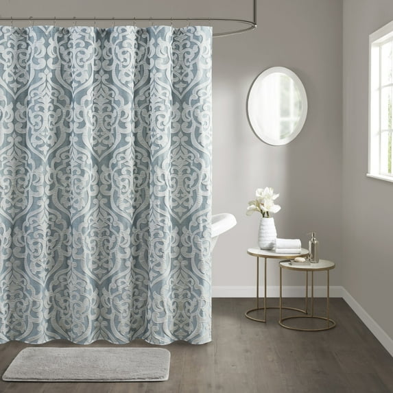 Madison Park Aqua/Silver Shower Curtain, Traditional Jacquard Bath Curtain with 12 Button Holes, Machine Washable 72” x 72” Shower Curtain