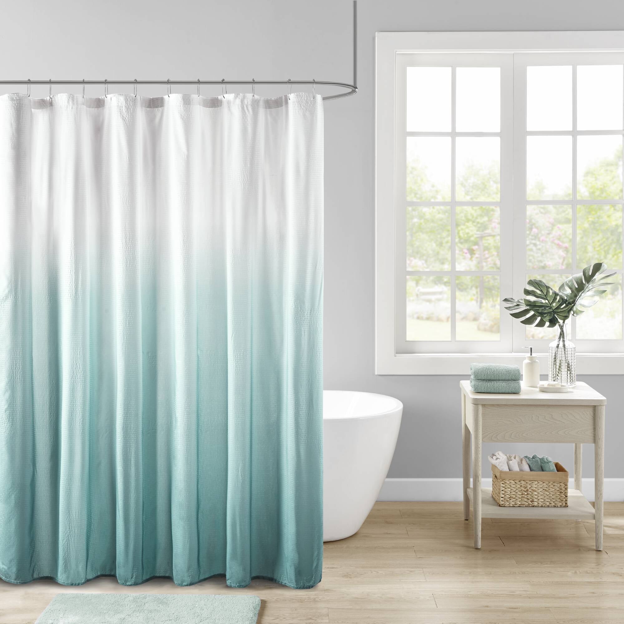 Aqua Ombre Seersucker Fabric Shower Curtain