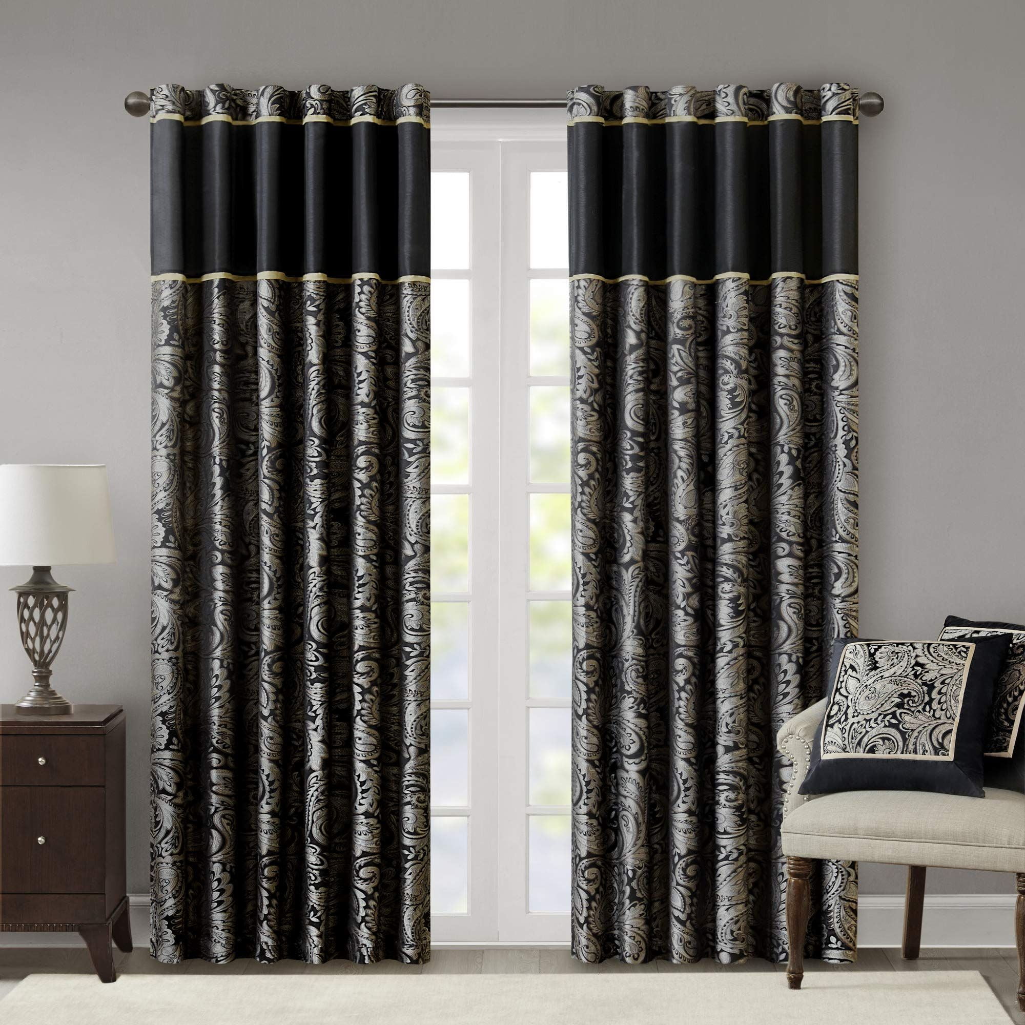 Black Faux Silk Jacquard Light-Filtering Curtain Panel Pair