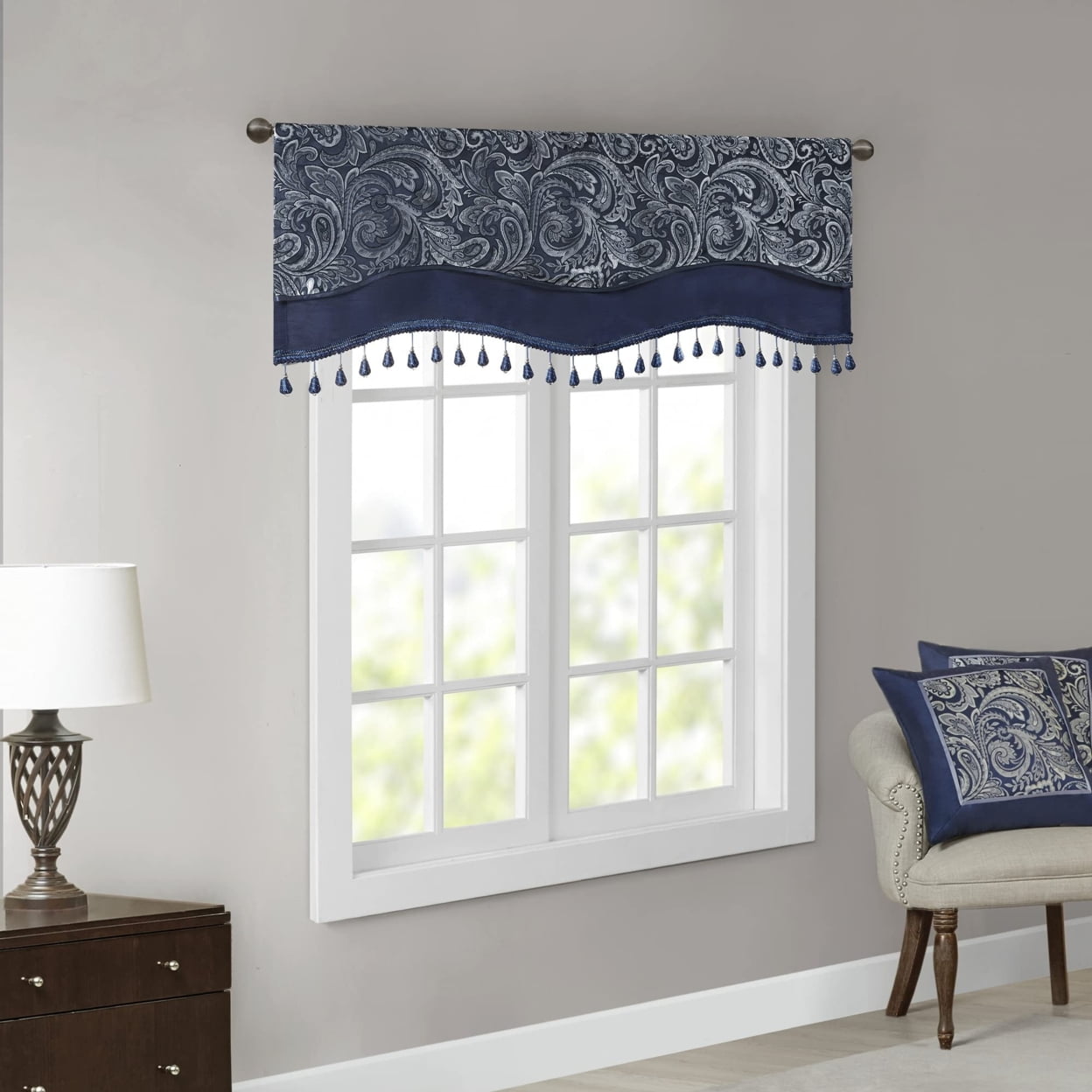 Navy Faux Silk Jacquard Beaded Window Valance
